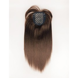 LesafeV Silk Base 16 inch Synthetic Topper with Neat Bangs 10x10cm Middle Part Head Top Hairpiece Straight Clip in Closure Toupee (Light Brown)