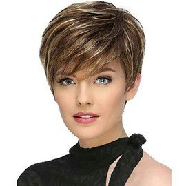 AUBWIG Short Wig Pixie Cut Charming Style Fluffy Wig with Fringe Brown Mixed Blonde Natural Heat Resistant Synthetic Short Hair Wig (Brown Mixed Blonde #3B)