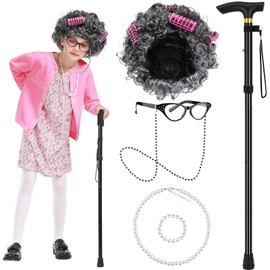 JcHrmers 6 Pieces Old Lady Wig Costume for Girls 100 Days of School Costume Grandma Wig with Glasses Chain Cane Pearl Necklace Bracelet for Granny Cosplay