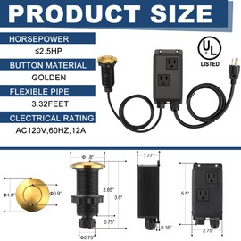 Relaxweex Garbage Disposal Air Switch Kit Dual Outlet Sink Top Waste Disposal On/off Stainless Steel Satin Nickel Button Extra Long Food and Waste Disposer, UL List(Gold)