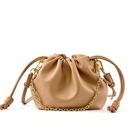 Yocipa Genuine Leather Drawstring Shoulder Bag, Women's, Crossbody Leather, Mini Bag, 3-Way Outing, Pochette, Lightweight, Small, Adult, Cute Bag, Braun