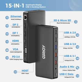 USB C Docking Station, 15 in 1 Triple Display Multiport Adapter 3 Monitors Dock with Dual DP, HDMI, VGA, USB C/A, RJ45, SD/TF, Mic/Audio, PD Compatible for MacBook/Dell/HP/Lenovo Laptops (Black)