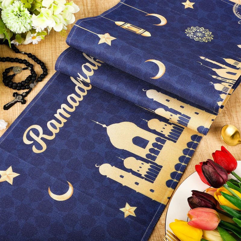 Eid Mubarak Table Runner Decoration, Ramadan Blue and Gold Table
