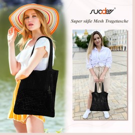 SUOSDEY Crocheted Mesh Beach Tote Bag, Summer Holiday Aesthetic Knitted Boho Shoulder Bag for Women, D. Black, Bohemian