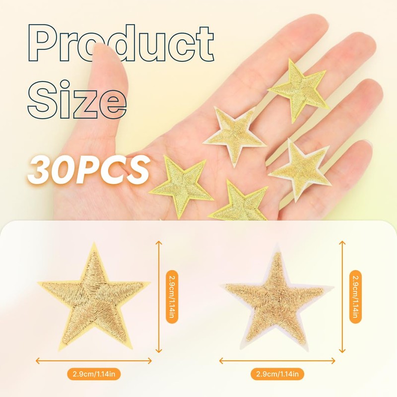 30PCS Gold Star Iron on Patches, Sew on Star Embroidered