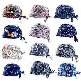 Mdtrade 12 Pieces Working Caps with Buttons Adjustable Bouffant Hats Tie Back Caps Beanie Headband,Multicolor