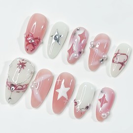 Pink Press on Nails Medium Almond Fake Nails 3D Pink Bow Rhinestones Star Pearl Designs Star False Nails Acrylic French Tips Full Cover Stick on Nails Reusable Artificial Glue on Nail for Women 24Pcs