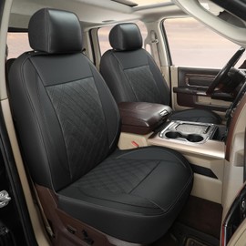 GIANT PANDA 2-Pack Front Car Seat Cover for Ram, Piping Leather Bucket Seat Covers Custom Fit Dodge Ram 1500 2500 3500 Trucks,Luxury Seat Protectors (Black)