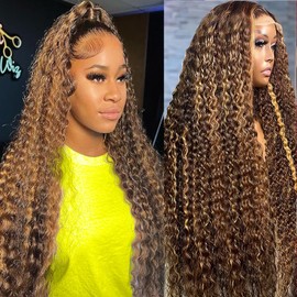 SOEZ Highlight Ombre Deep Wave Lace Front Wig Human Hair 13x4 Lace Front Wigs Human Hair Pre Plucked Honey Blonde Wig Human Hair 180 Density Wet and Wavy 4/27 Colored Deep Curly Wig for Women 18 Inch