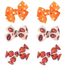 Basketball Hair Bows for Women Girls Rugby Polka Dot Hair Accessories for Girls Women Sports Bobby Pins for Women Orange White Hair Bow for Adults Bow Hair Clips for Women Girls Hair Barrettes 6 Pcs