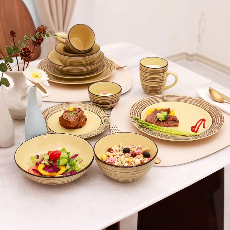 48pc Bark Style Stone Tool Dinner Retro Ceramic Plate and