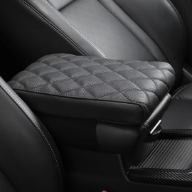 POKSRI Car Center Console Cover pad Genuine Cowhide Leather,Black Armrest Box mat, Vehicle Arm Rest Cushion Protector,Memory Foam true cow Leather (sizeB 14 x 8 x 2.2 inch(midsize cars and SUVs)