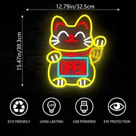 Jeanchrl Waving Lucky Cat Neon Sign Open LED Signs for Japanese Room Decor Dimmable Fortune Cat Neon Light for Restaurant Ramen Shop Boutique Maneki Neko Light Up Sign Shop Decor Business Openings