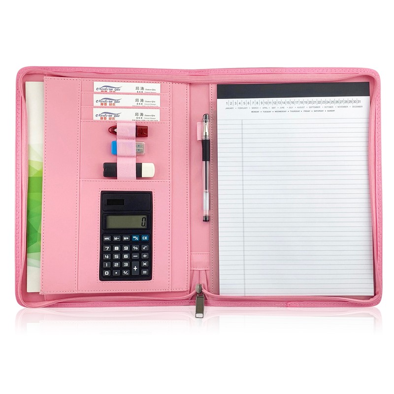 Zippered Padfolio A4 PU Leather Portfolio Organizer with Calculator for