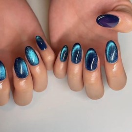 Cat Eye False Nails - Glitter Blue Press On Nails - 24Pcs Almond Fake Nails - French Style Stick on Full Cover Acrylic Almond False Nail Tips for Women Girls Nail Art