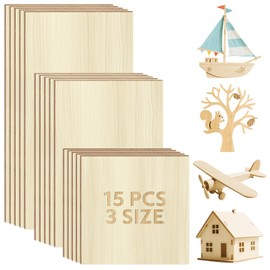 Realure 15 Pcs/3 Sizes Plywood Sheets Set, 10x10/15/20x0.2cm Balsa Wood Sheets, Thin Unfinished Basswood Sheet Wooden Boards, Suitable for DIY Arts Crafts Woodcraft Painting, Engraving