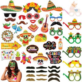 48 Pcs Mexican Fiesta Photo Booth Props, Mexican Photo Props with Fake Mustache and Paper Glasses, Cinco De Mayo Mexican Party Decorations Selfie Props for Mexican Fiesta Party Supplies
