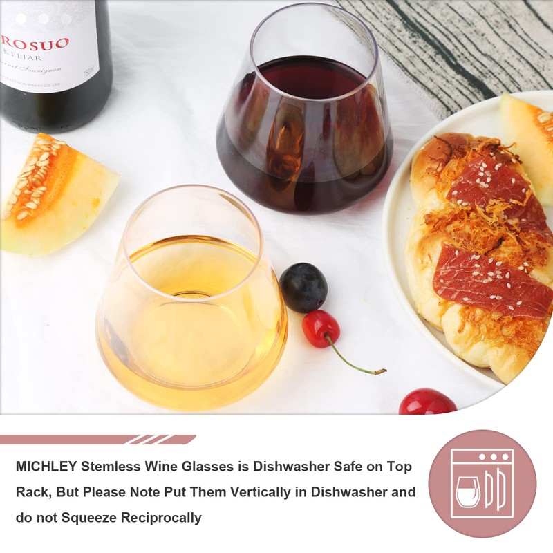 MICHLEY Large Stemless Wine Glasses Clear Tritan Plastic-Unbreakable Wine Cups