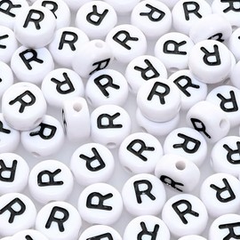 Amaney Letter Beads R 100pcs 7×4mm White Round Acrylic Black Alphabet for Jewelry Making