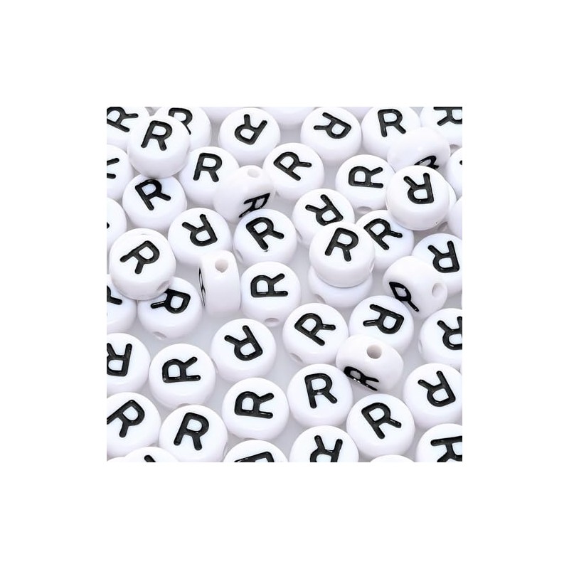Amaney Letter Beads R 100pcs 7×4mm White Round Acrylic Black