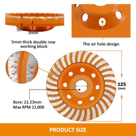 BGTEC Diamond Cup Wheel for Concrete - 125 mm Angle Grinding Wheel with 22.23/15.875 mm Washer for Grinding Granite, Marble, Concrete, Brick, Masonry