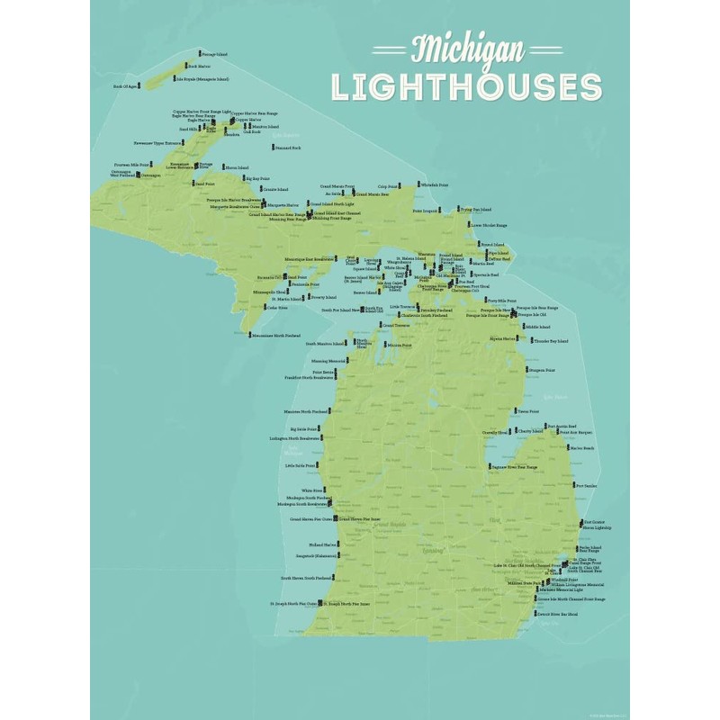 Best Maps Ever Michigan Lighthouses Checklist 18x24 Poster (Green &