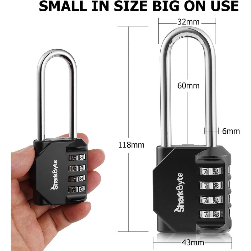 SharkByte Combination Padlock [2.6" Long Shackle] 4-Dial Heavy Duty Combination