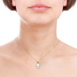 White Cultured Freshwater Pearl Diamond Pendant Necklace 14K Yellow Gold 1/33 CTTW 7-7.5mm 18 inch