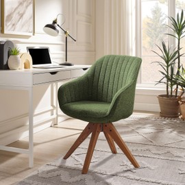 Zouron Mid Century Modern Accent Chair with Wooden Legs, Swivel Desk Chair No Wheels, Upholstered Side Armchair Vanity Chair for Small Space Home Office Living Room Bedroom, Green