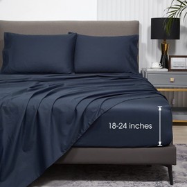 HYPREST Extra Deep Pocket Queen Sheet Sets Fits 18"-24" in Thick Mattress -100% Cotton Queen Sheet Set,Navy Blue Sheets Soft Wrinkle Free Cooling Sheet Sets for Queen Bed Deep Pocket