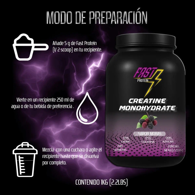 Creatina Monohidratada Fast Protein 1kg 200 Servicios Varios Moras-