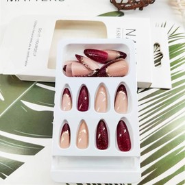 24 PCS Almond Press on Nails Medium Burgundy Glitter Head Fashion Design Nails Glossy Reusable Fake Nails Nude Full Cover French Tip Glitter Stick on Nails for Women