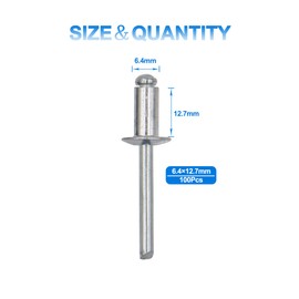 BESTYCHAO 100pcs 6.4mm x 12.7mm Large Aluminium Blind Rivet, Open End Rivet Pop Rivet, Pack of 100 (Silver)