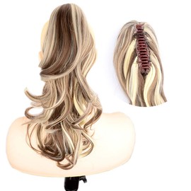 DIGUAN 13 Inches Ombre Claw Clip In Wavy Loose curly Synthetic Wrap Around Ponytail Extensions Short Pony Tail Clip In Extensions for Women Girl 4oz/115g (8H613-Dark Brown mix White Blonde)