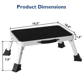 BONTEC Folding One Step Stool, Heavy Duty Sturdy Metal 330lbs Capacity, Wide Non-Slip Single 1-Step Stool Ladder for Adults Children, Ideal for Kitchen, Bathroom, RV, Camping, Office, White