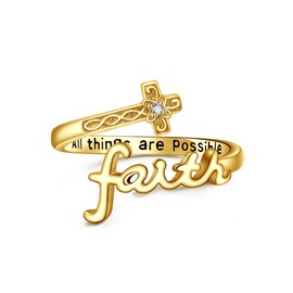 Faith Ring 925 Sterling Silver Cross Faith Ring Adjustable Christian Spoon Rings Religion Jewelry For Women Daughter Friend-Gold