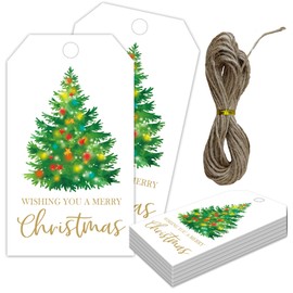 Christmas Tags with String, Wishes Merry Christmas Tags, 2 x 3.5 Inch Writable Waterproof Hanging Labels, Xmas Party Decor Supplies for Gift Wrapping, DIY Craft, Home Decor(50Pcs)-B20