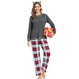 SWOMOG Women Matching Pajamas Set Christmas Pjs Long Sleeve Top & Plaid Bottom Soft Sleepwear Loungewear Deep Grey Small
