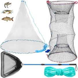 Windyun 3 Pcs Fishing Cast Net with Heavy Duty Sinker Portable Folded Lobster Crab Trap Fishing Net with Long Robust Telescopic Handle Freshwater Saltwater Bait Fishing Accessories (6 Ft)