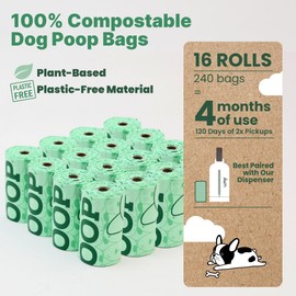 JIWON 100% Compostable Dog Poop Bags, 240 Bags, 16 Rolls, 9"x13", ASTM D6400 & EN 13432 Standard, OK Compost & Seedling Certified, Thick & Leakproof Dog Bags for Poop, Plant-Based Doggy Poop Bags