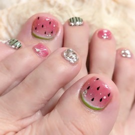 Toe Press on Nails Bling Shiny Fake Toe Nails Pink Green Glue on Toenails for Women 24Pcs BABALAL Toe Nails Watermelon Toe Acrylic Nails Art Supplies Artificial Nails for Toes False Nails Decoration