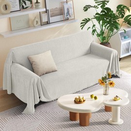 KinCam Couch Covers for 2 Cushion Couch Sofa Cover Washable Sectional Couch Cover for Dogs Tassel Sofa Blanket Cover Pet Friendly Soft and Durable for Most Furniture(71" x 102", Cream)