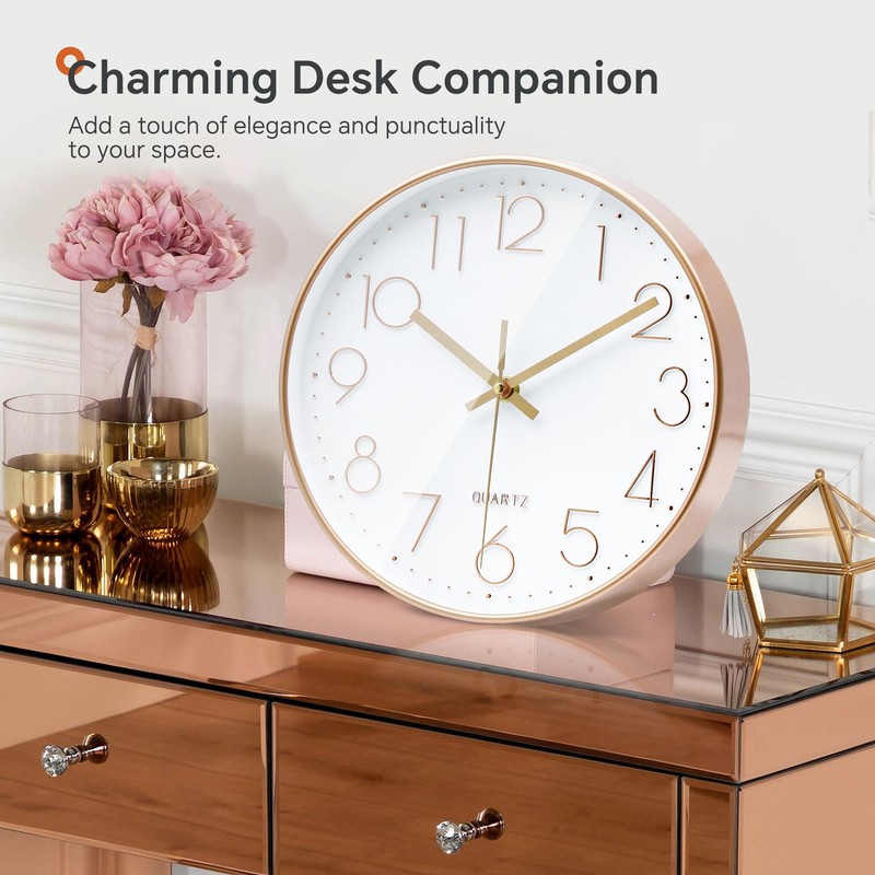 VIKMARI Rose Gold & White Silent Wall Clock Decorative for