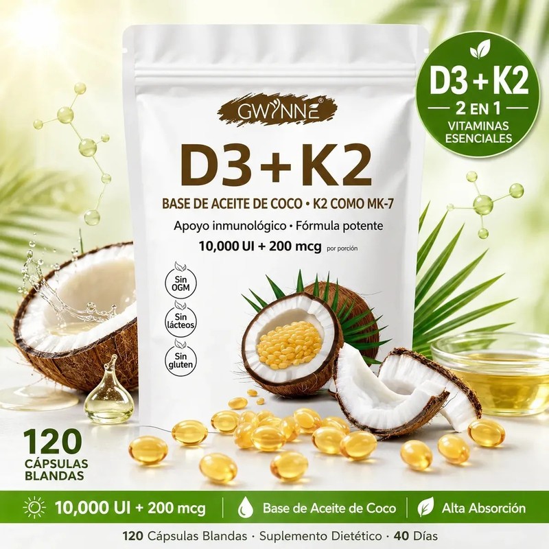 Gwynne Vitamina D3 10.000ui K2 Mk-7 200mcg,120 cápsulas,2 En 1