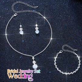 Aukmla Rhinestones Bridal Wedding Jewelry Set Silver Sparkly Crystal Necklace Earrings Bracelet Sets Prom Jewelry for Women and Brides (Silver)