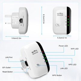 WLAN Amplifier, WLAN Repeater 300 Mbit/s 2.4 GHz, Extension of Range, Amplifier Compatible with All WLAN Devices, 802.11N/B/G, WPA2 Security, Easy Installation, 50 m Cover