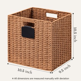 UBBCARE 4 Pack Wicker Basket, 10.5×10.5 Storage Cubes with Label, Foldable Cube Storage Bin with Handle, Square Storage Basket for Shelves, Woven Paper Rope Basket for Organizing, Caramel