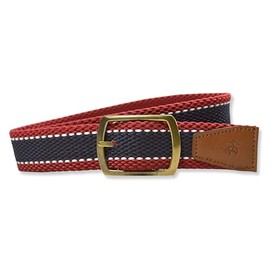 Brooks Brothers Mens Nylon Rubber Rounded Rectangle Buckle Striped Woven Belt, (137266 Red/Navy/White, Medium)