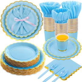 Ziliny 350 Pcs Light Blue and Gold Foil Plates and Napkins, 50 Guest Spring Party Supplies Include Gold Foil Scalloped Paper Plates Napkins Cups Plastic Spoons Forks Knives for Birthday Baby Shower