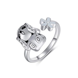 LONAGO Sloth Open Ring 925 Sterling Silver Smile Sloth with Flower Adjustable Ring Jewelry for Women (Q)
